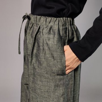 【遠州綿紬】ワイドタックパンツ　綿麻ネップ　モスグリーンの画像