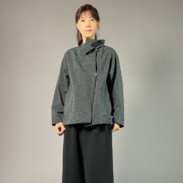 【遠州綿紬】フリースタイルショートジャケット　あらし　黒灰グレーの画像