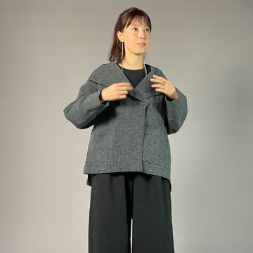 【遠州綿紬】フリースタイルショートジャケット　あらし　黒灰グレーの画像