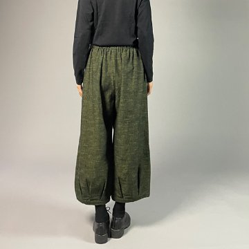 【遠州綿紬】タックワイドパンツ　あらし　無地　草色の画像