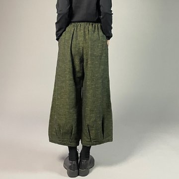 【遠州綿紬】タックワイドパンツ　あらし　無地　草色の画像