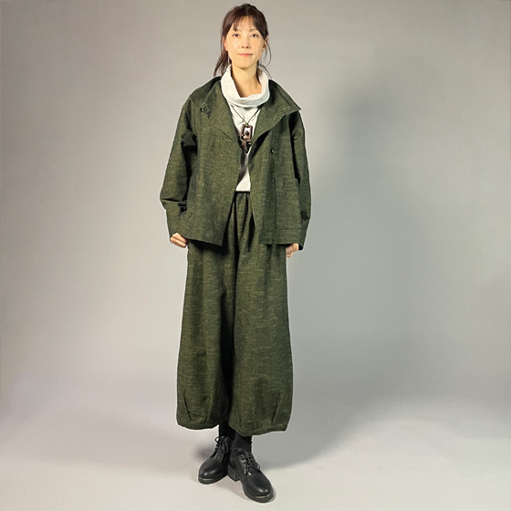 【遠州綿紬】フリースタイルショートジャケット　あらし　無地　草色の画像