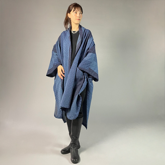 【遠州木綿】藍染め  インフィニティ・ケープコート  カツオ縞刺し織りーＢ生地の画像