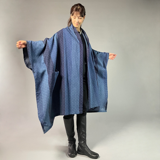 【遠州木綿】藍染め  インフィニティ・ケープコート  カツオ縞刺し織りーＢ生地の画像