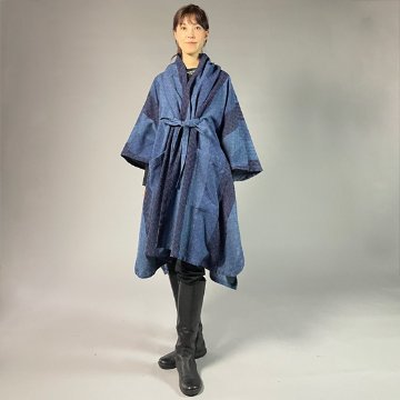 【遠州木綿】藍染め  インフィニティ・ケープコート  カツオ縞刺し織りーＢ生地の画像