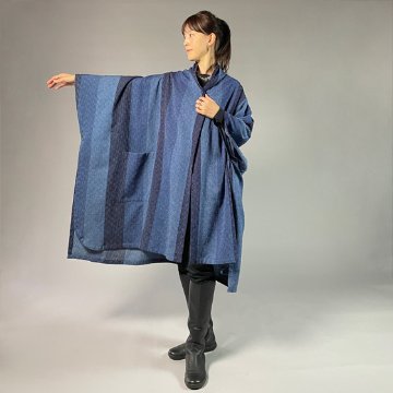 【遠州木綿】藍染め  インフィニティ・ケープコート  カツオ縞刺し織りーＢ生地の画像