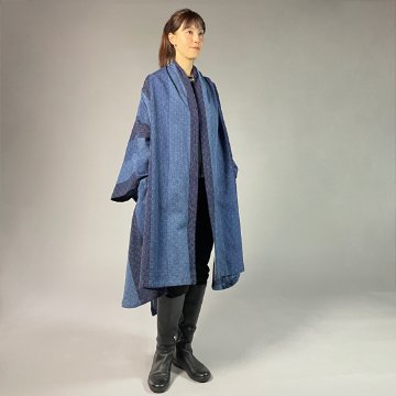【遠州木綿】藍染め  インフィニティ・ケープコート  カツオ縞刺し織りーＢ生地の画像