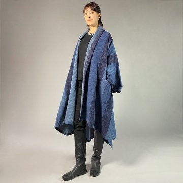 【遠州木綿】藍染め  インフィニティ・ケープコート  カツオ縞刺し織りーＢ生地の画像