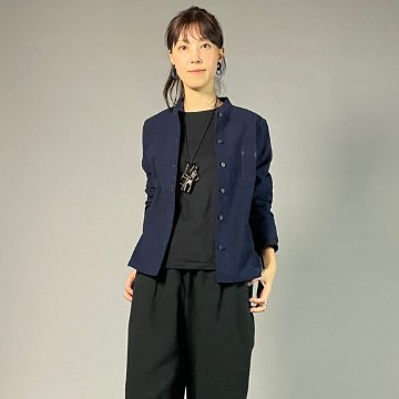 【備後絣】藍染め　スタンドカラー　ペンポケットブラウス　濃紺　無地の画像