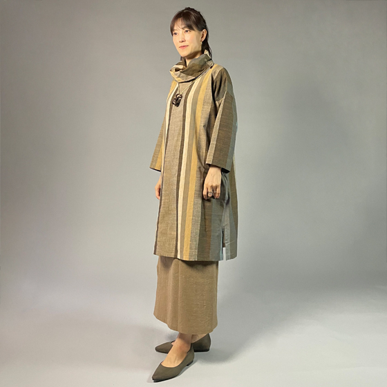 【遠州綿紬】オフタートルロングチュニック　重ね縞　百舌（もず）の画像