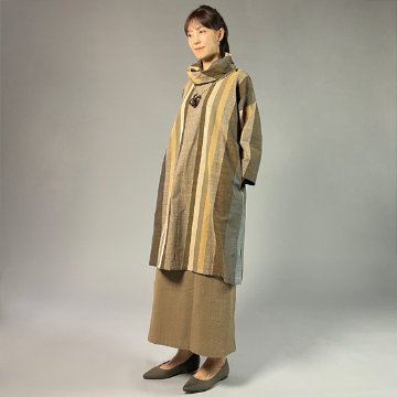 【遠州綿紬】オフタートルロングチュニック　重ね縞　百舌（もず）の画像