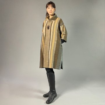 【遠州綿紬】オフタートルロングチュニック　重ね縞　百舌（もず）の画像