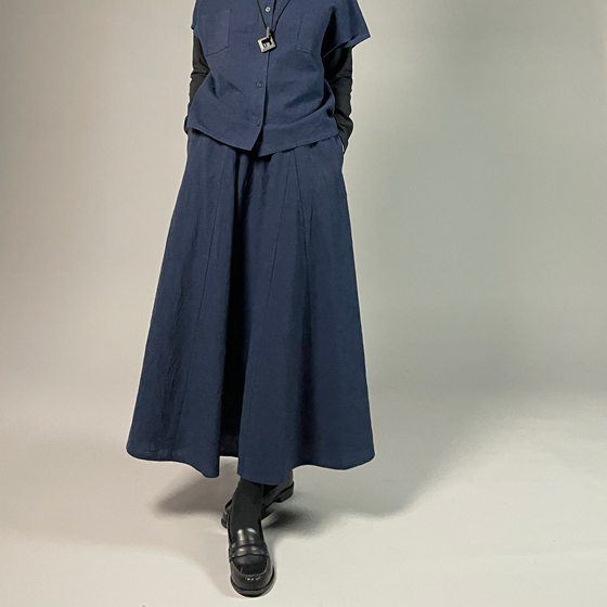 【亀田縞】十枚ハギフレアスカート　ワッシャー　紺の画像