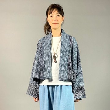 【遠州木綿】藍染め　羽織ショートジャケット　刺し子かつお縞ベースの画像