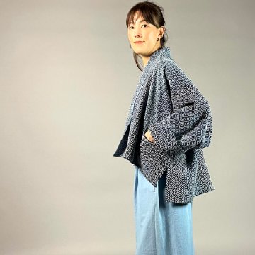 【遠州木綿】藍染め　羽織ショートジャケット　刺し子かつお縞ベースの画像