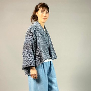 【遠州木綿】藍染め　羽織ショートジャケット　刺し子かつお縞ベースの画像