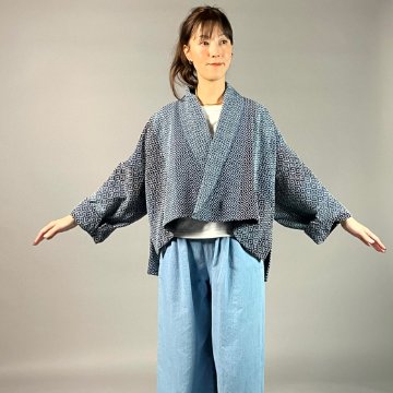 【遠州木綿】藍染め　羽織ショートジャケット　刺し子かつお縞ベースの画像
