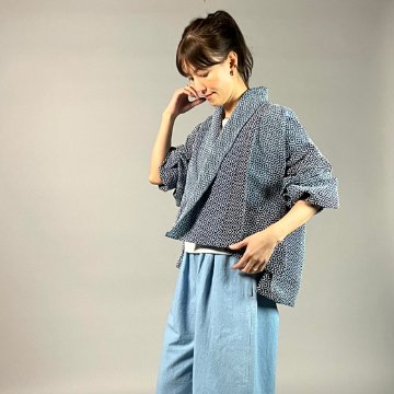 【遠州木綿】藍染め　羽織ショートジャケット　刺し子かつお縞ベースの画像