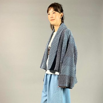 【遠州木綿】藍染め　羽織ショートジャケット　刺し子かつお縞ベースの画像
