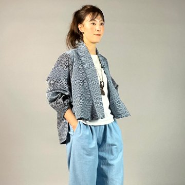 【遠州木綿】藍染め　羽織ショートジャケット　刺し子かつお縞ベースの画像