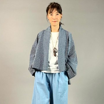 【遠州木綿】藍染め　羽織ショートジャケット　刺し子かつお縞ベースの画像