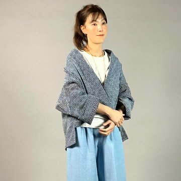 【遠州木綿】藍染め　羽織ショートジャケット　刺し子かつお縞ベースの画像