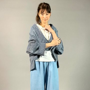 【遠州木綿】藍染め　羽織ショートジャケット　刺し子かつお縞ベースの画像