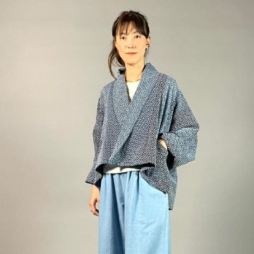 【遠州木綿】藍染め　羽織ショートジャケット　刺し子かつお縞ベースの画像
