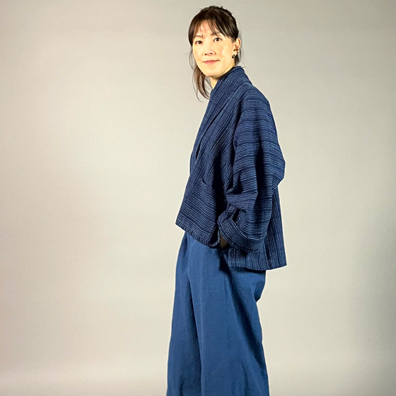 【遠州木綿】藍染め　羽織ショートジャケット　刺し子風縞柄　紺の画像