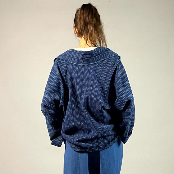 【遠州木綿】藍染め　羽織ショートジャケット　刺し子風縞柄　紺の画像