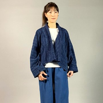 【遠州木綿】藍染め　羽織ショートジャケット　刺し子風縞柄　紺の画像