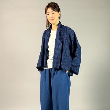【遠州木綿】藍染め　羽織ショートジャケット　刺し子風縞柄　紺の画像