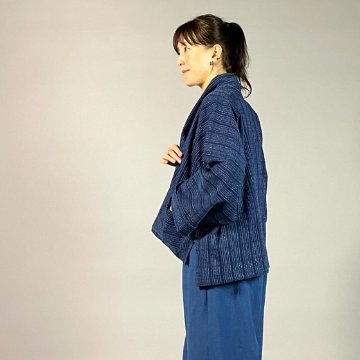 【遠州木綿】藍染め　羽織ショートジャケット　刺し子風縞柄　紺の画像