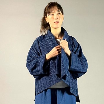 【遠州木綿】藍染め　羽織ショートジャケット　刺し子風縞柄　紺の画像
