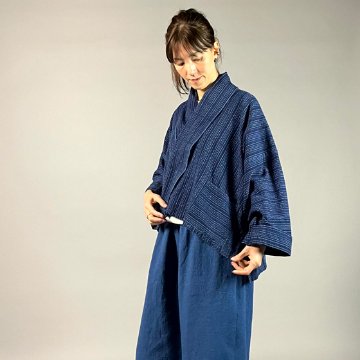 【遠州木綿】藍染め　羽織ショートジャケット　刺し子風縞柄　紺の画像