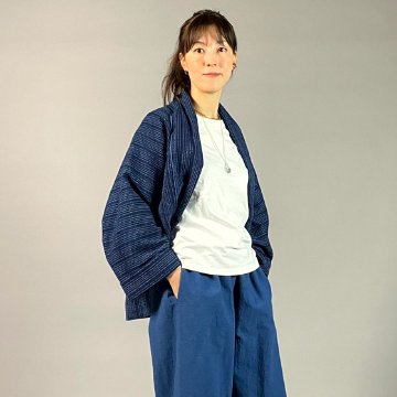 【遠州木綿】藍染め　羽織ショートジャケット　刺し子風縞柄　紺の画像