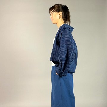 【遠州木綿】藍染め　羽織ショートジャケット　刺し子風縞柄　紺の画像