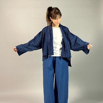 【遠州木綿】藍染め　羽織ショートジャケット　刺し子風縞柄　紺の画像