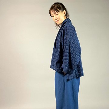 【遠州木綿】藍染め　羽織ショートジャケット　刺し子風縞柄　紺の画像