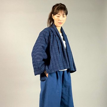 【遠州木綿】藍染め　羽織ショートジャケット　刺し子風縞柄　紺の画像