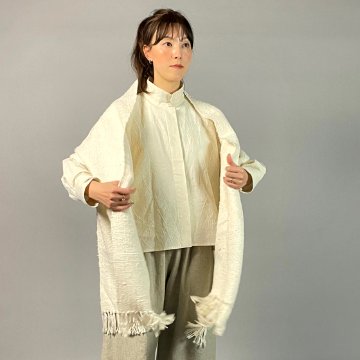 【亀田縞】ロングカフスショートブラウス　ワッシャー　オフホワイトの画像