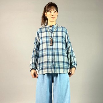 【遠州木綿】藍染め　ダブルガーゼのスタンドカラーシャツ　の画像