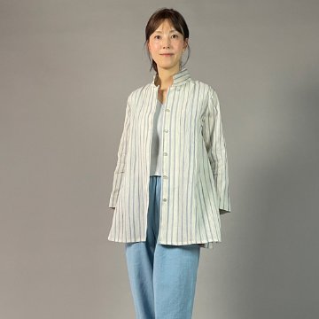 【近江ちぢみ】前開きブラウスチュニック　水色絣（絣）縞の画像
