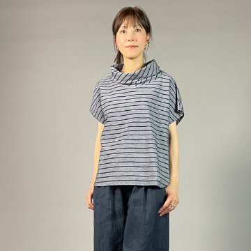 【亀田縞】オフタートルフレンチブラウス　綿ちぢみ　グレー地紺ストライプの画像
