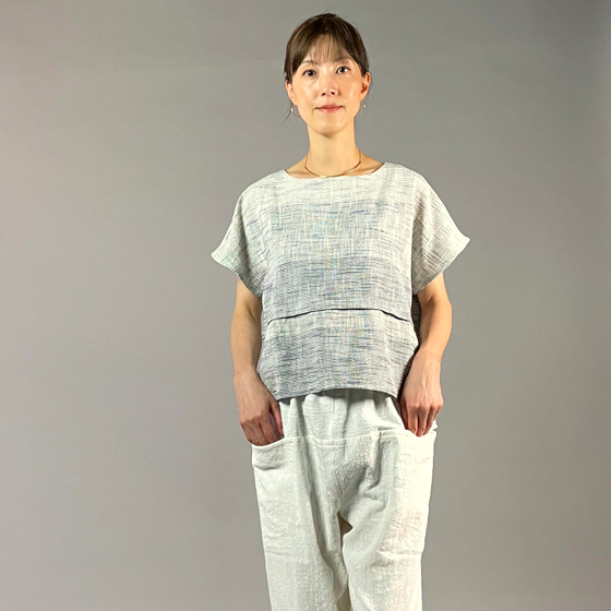 【遠州綿紬】フレンチTブラウス　みやま　白紺の画像