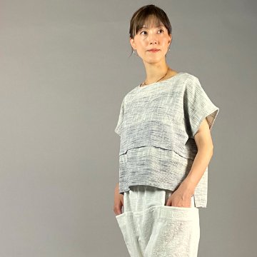 【遠州綿紬】フレンチTブラウス　みやま　白紺の画像