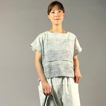 【遠州綿紬】フレンチTブラウス　みやま　白紺の画像