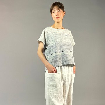 【遠州綿紬】フレンチTブラウス　みやま　白紺の画像