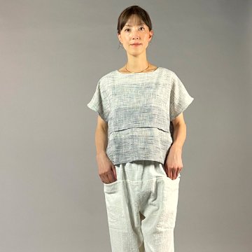 【遠州綿紬】フレンチTブラウス　みやま　白紺の画像