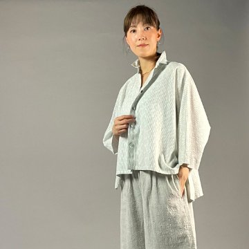 【備後絣】前開きムササビブラウス　白チリ絣　楊柳の画像
